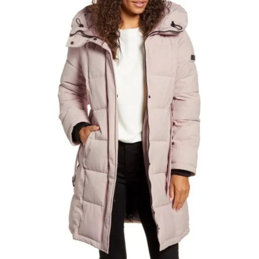 NWOT Sam Edelman Hooded Belted Puffer Parka Jacket in Dusty Pink Size Large